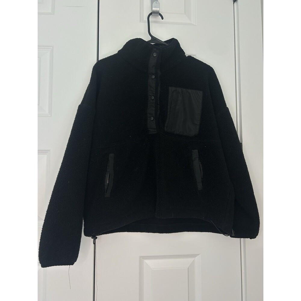 Anthropologie Wilo the Label Cozy Black Sherpa Deep Pile Fleece Pullover Snap S